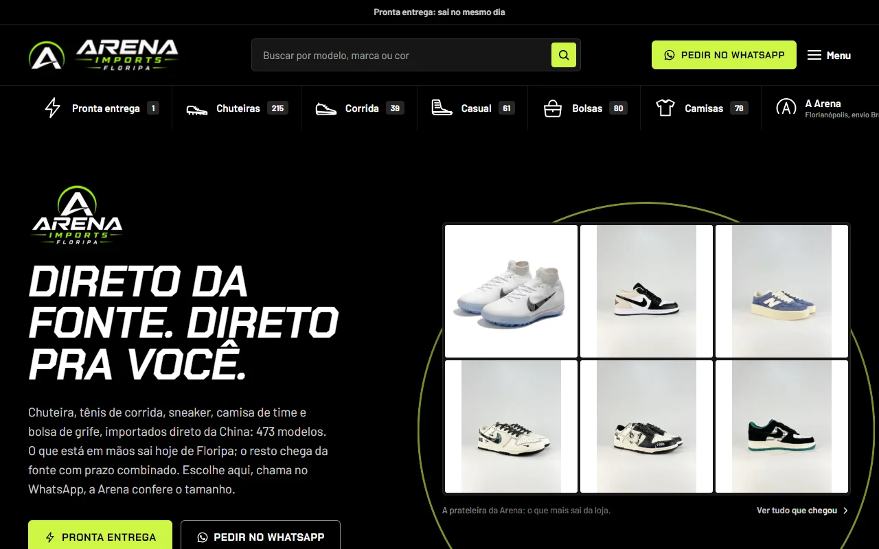 First screen of the Arena Imports Floripa website