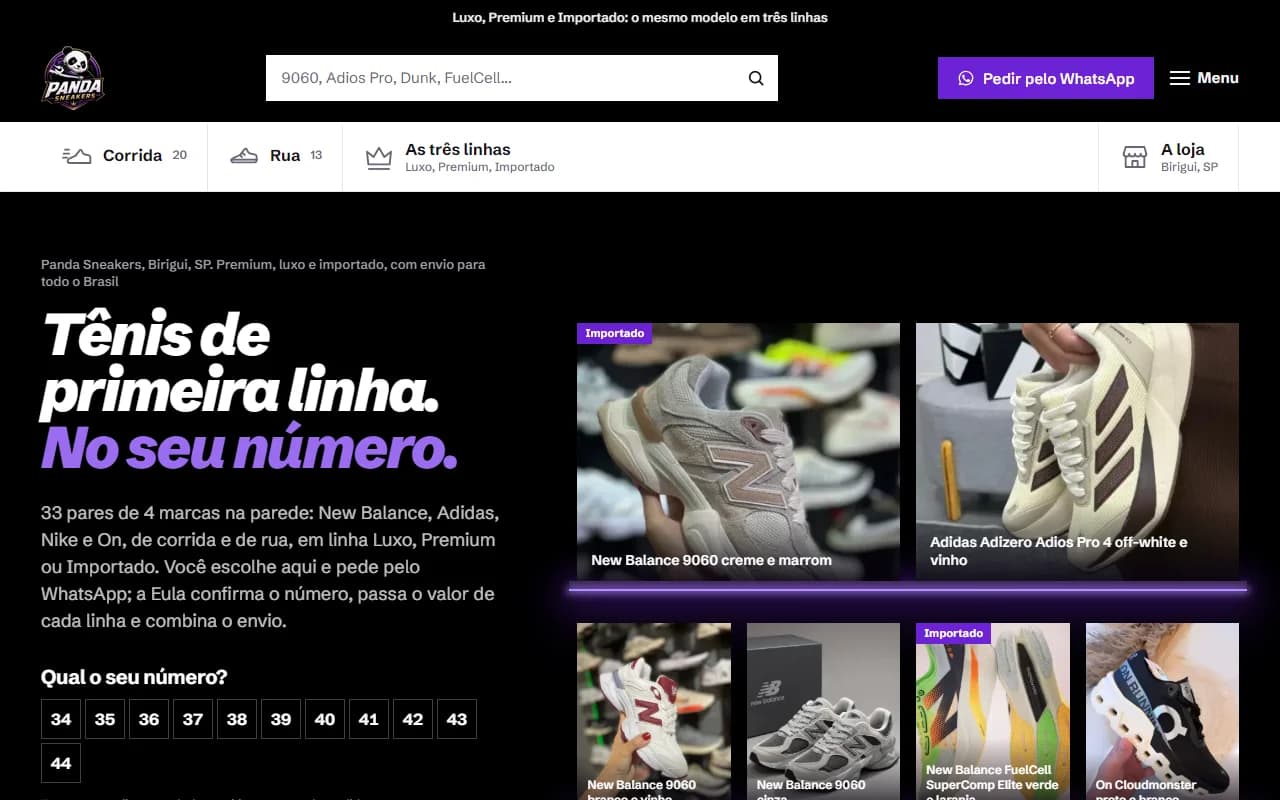 First screen of the Panda Sneakers website